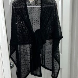 Black Sheer Shawl Open-Front Cardigan